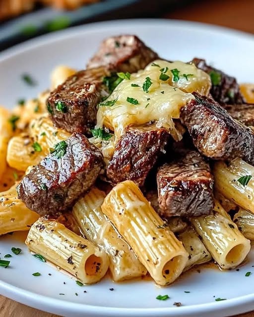 Garlic Butter Steak Bites with Creamy Cheesy Rigatoni