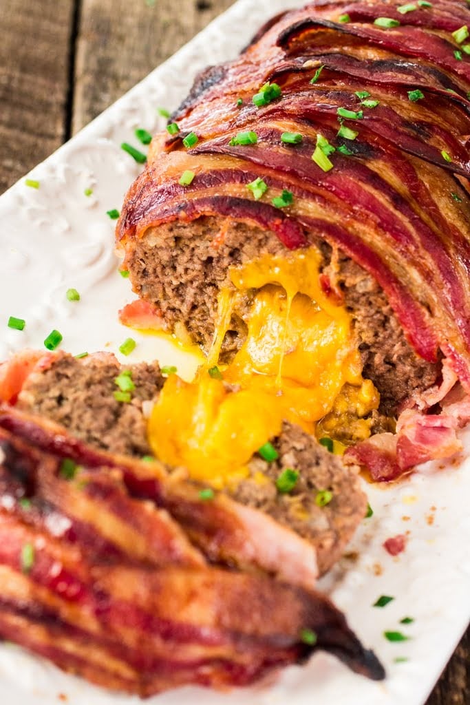 Bacon Wrapped Meatloaf Cheese Stuffed