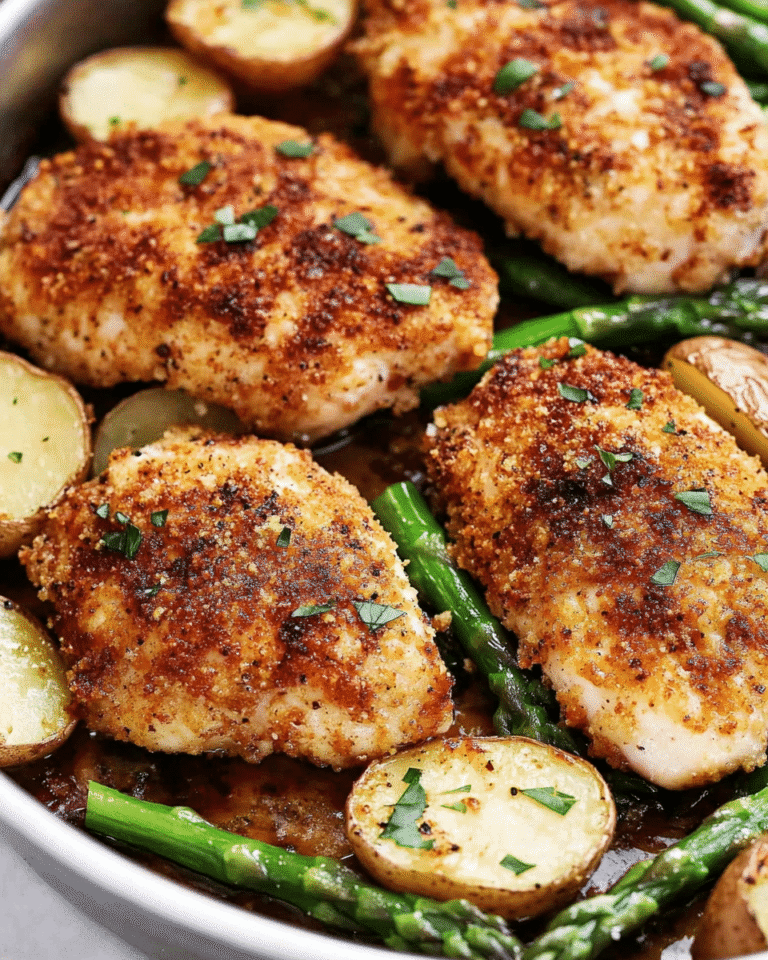 Easy Crispy Parmesan Garlic Chicken with Potatoes and Asparagus