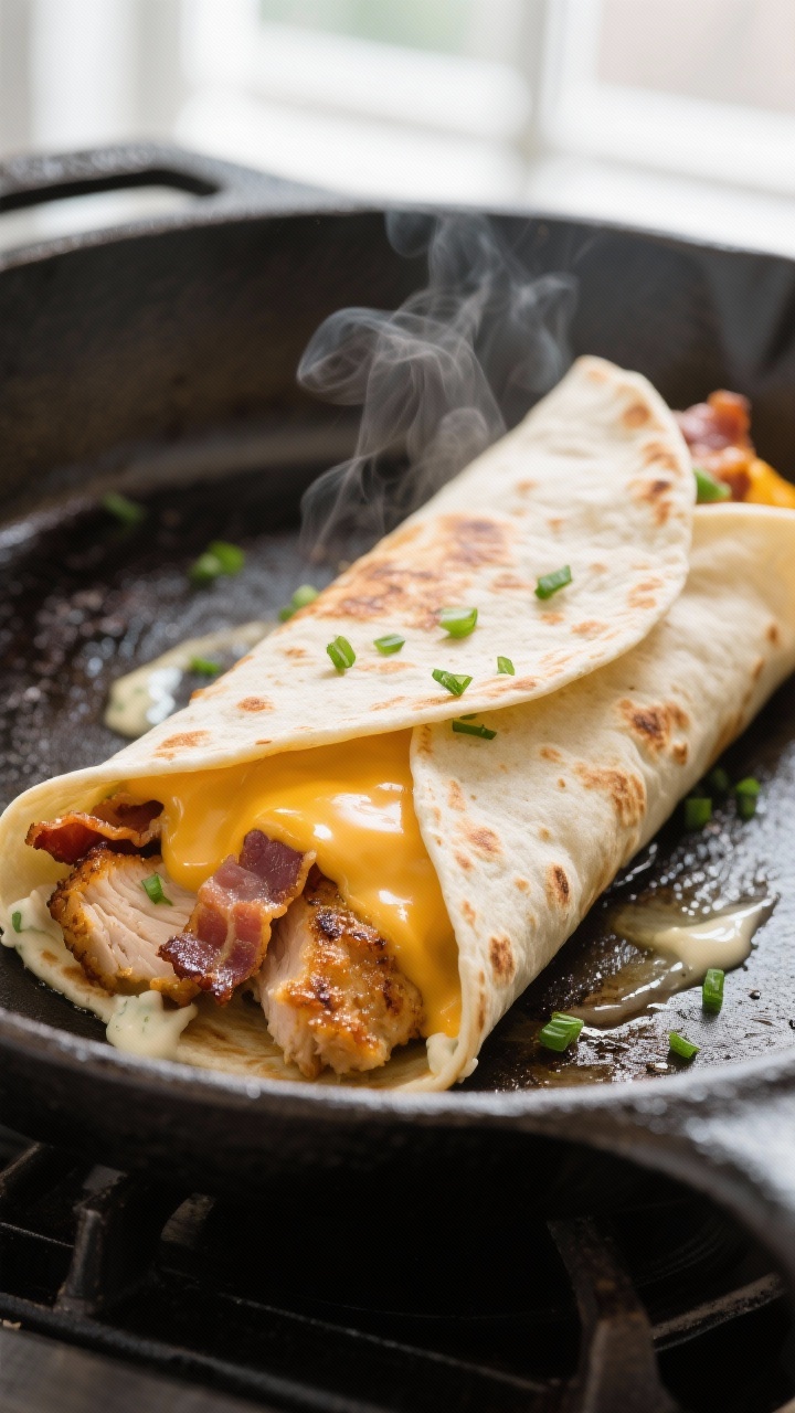 Close-up detail: Crispy chicken bacon ranch wrap being toasted seam-side down in a buttered skillet,