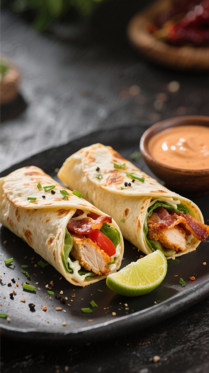 Final dish presentation: Restaurant-quality platter of two crispy chicken bacon ranch wraps tightly