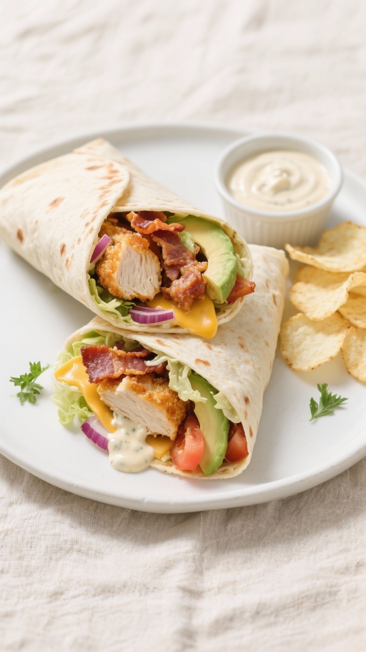Tasty top view: Overhead shot of a sliced-on-the-bias crispy chicken bacon ranch wrap on a matte whi